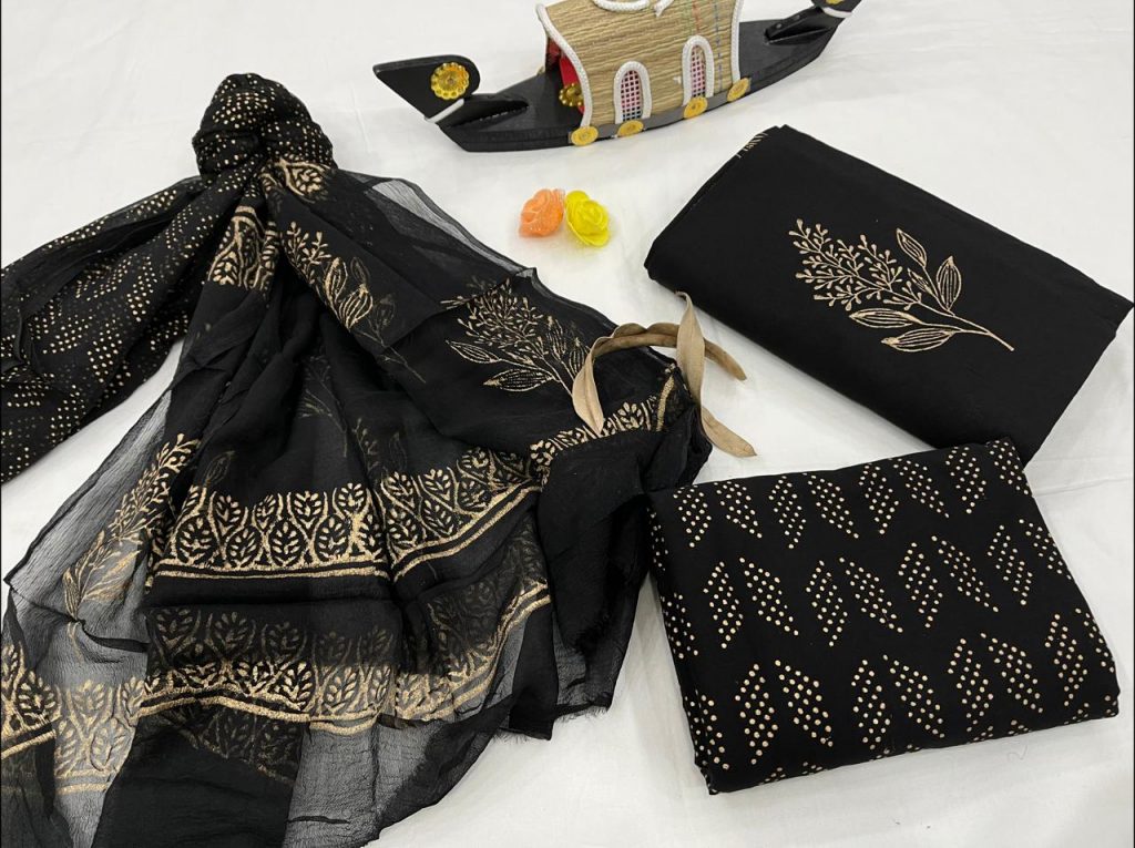 Black printed cotton suit with chiffon dupatta