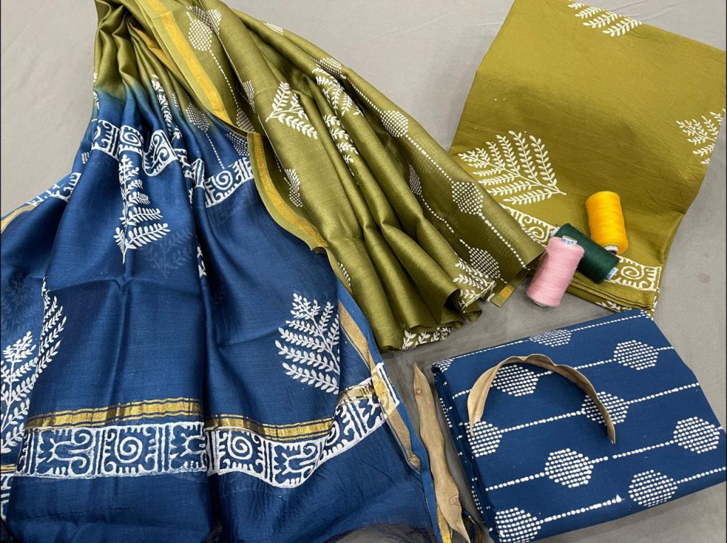 lime and blue Cotton salwar suit with chanderi dupatta
