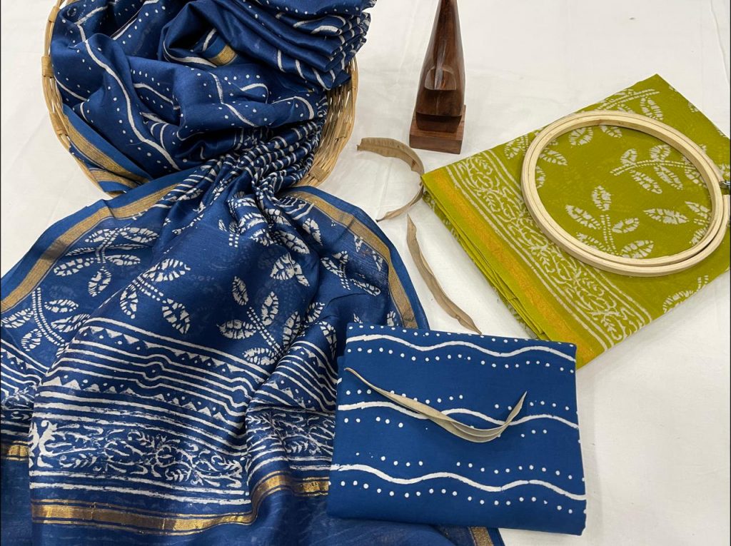 Electric Ultramarine and Green Citrus chanderi suit with dupatta online
