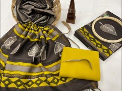 Taupe gray And yellow pure chanderi suit set with dupatta