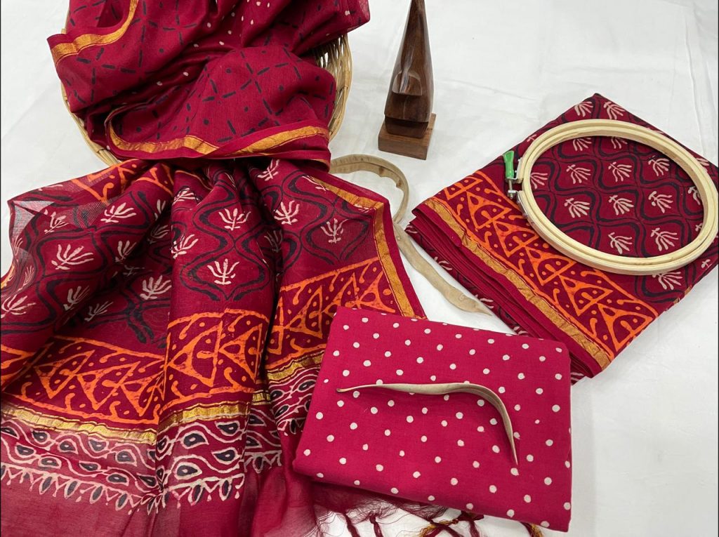Traditional Crimson chanderi cotton suits online