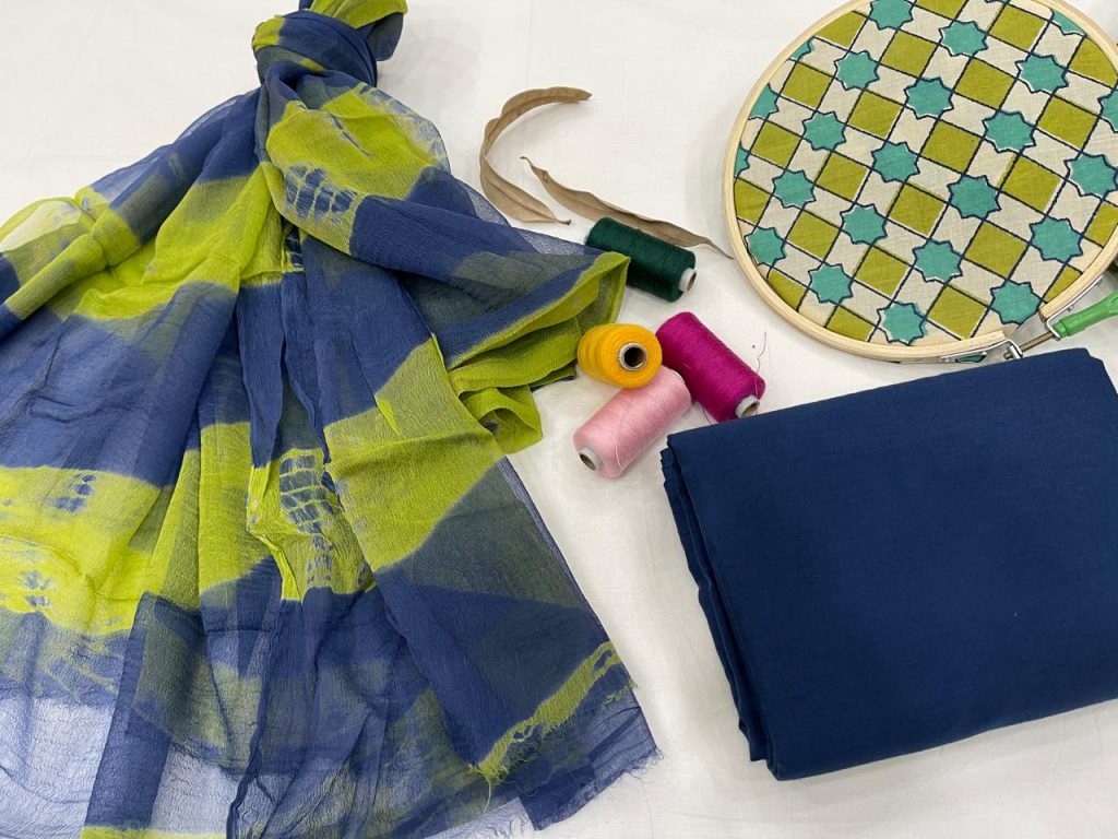 Green and blue cotton salwar suit with chiffon dupatta