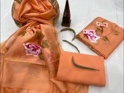 Apricot Hand painted unstitched cotton silk suits