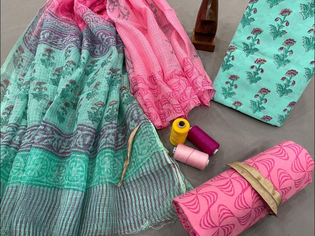 Electric blue and pink cotton suits with kota doria dupatta