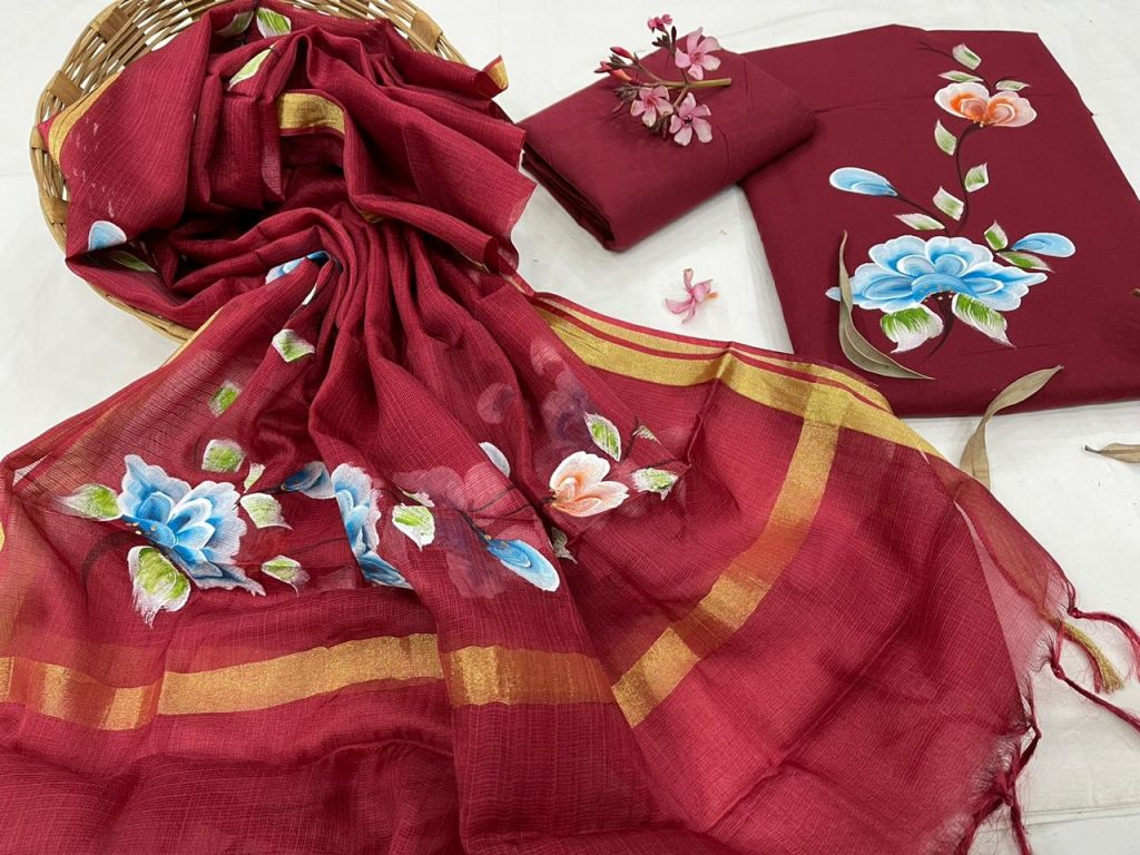 Maroon Hand painted cotton suit with kota silk dupatta