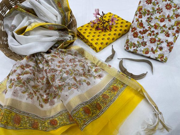 Yellow and white cotton Salwar suit set with dupatta