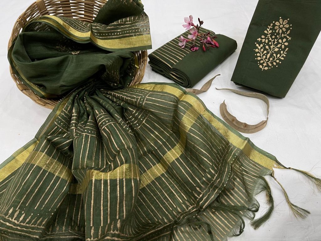 Green cotton jacquard suit with kota dupatta