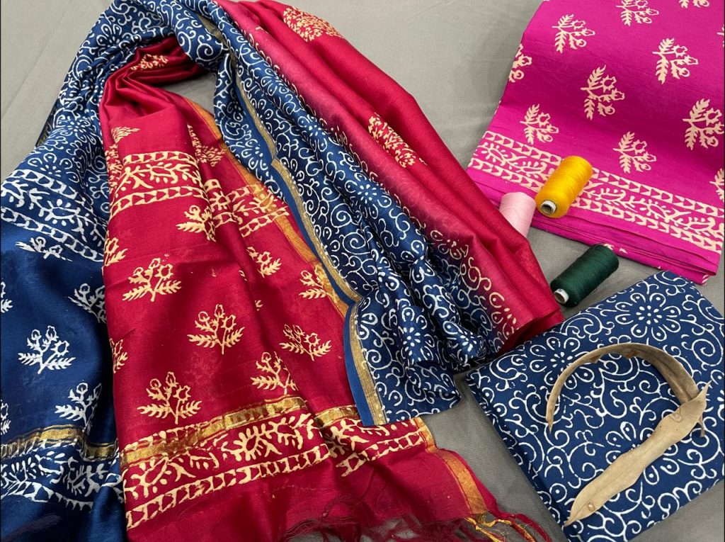 Magenta and blue cotton suit with chanderi dupatta