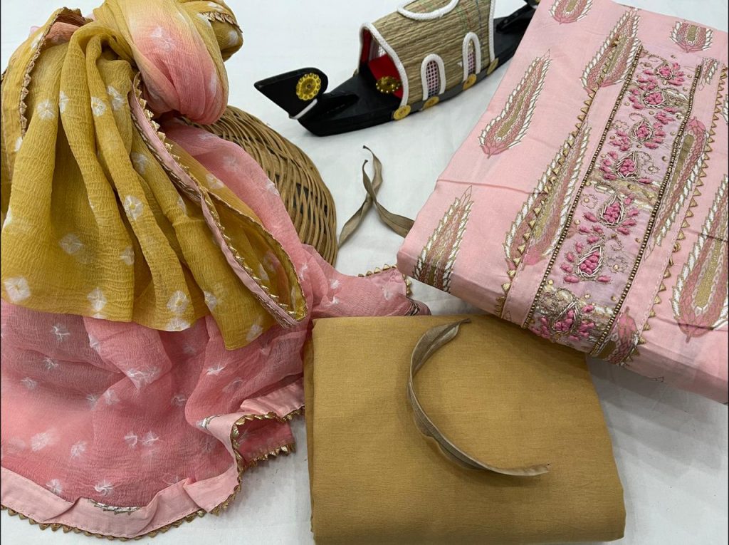 Light Pink And Copper Yellow cotton suit with gota patti work