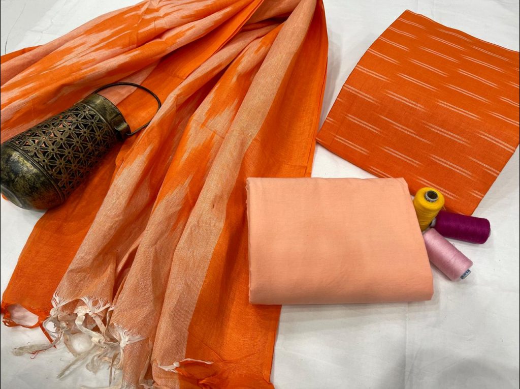 Orange handloom printed ikkat suit set