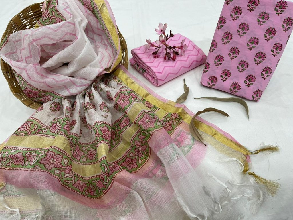 Pink cotton and silk salwar suit set with dupatta