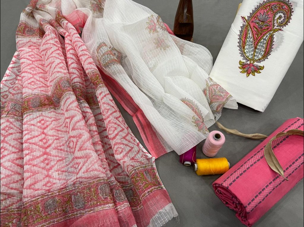 Pink Sherbet and white cotton suits with kota doria dupatta