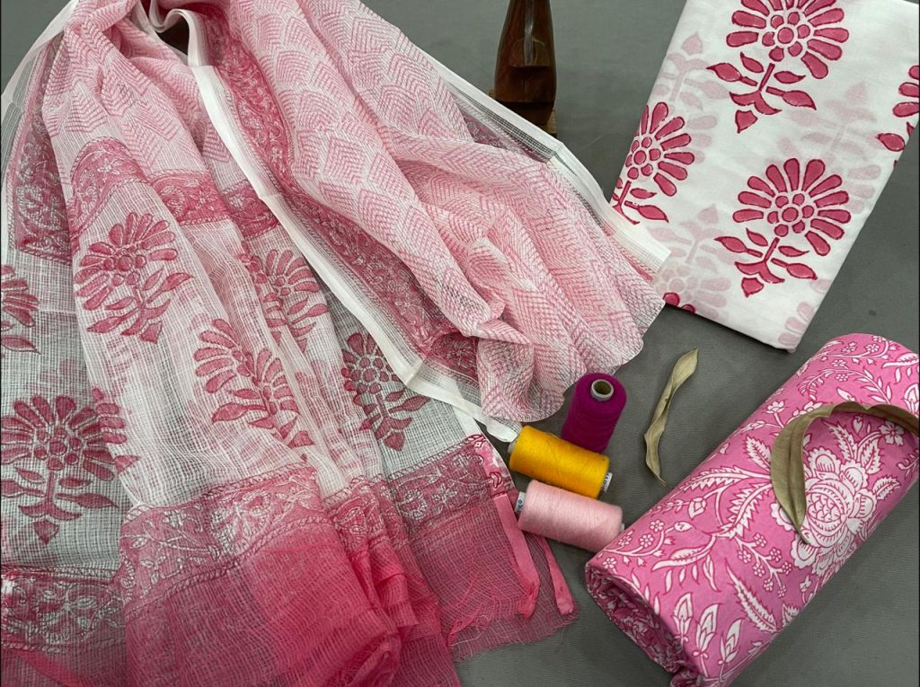 Light Pink and white cotton suit with kota silk dupatta set