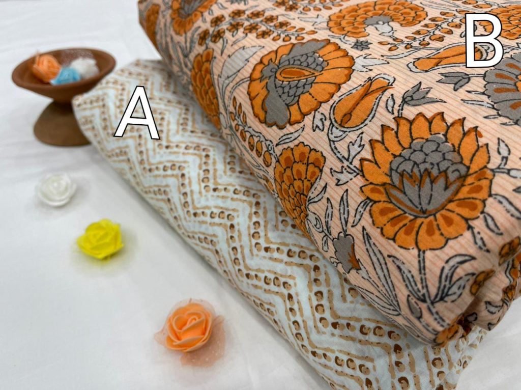 White and apricot floral print cotton running material set