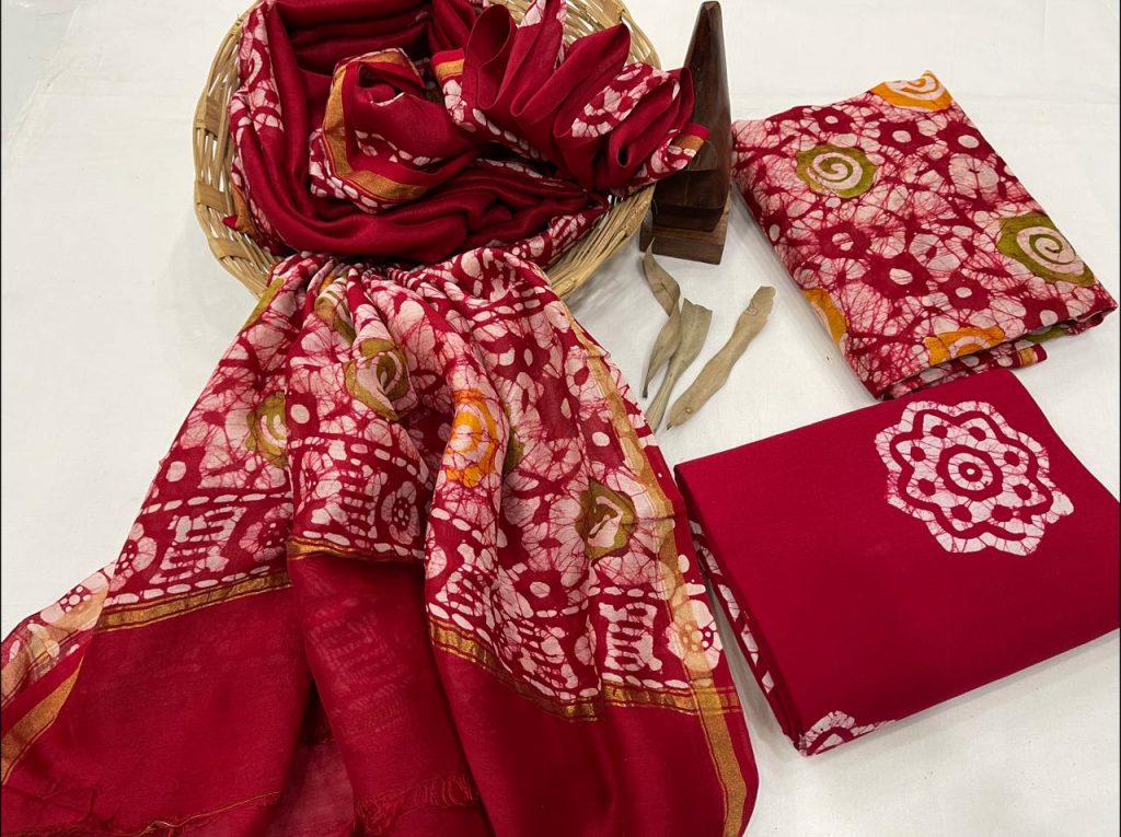 Red crimson chanderi suit fabric with chanderi dupatta