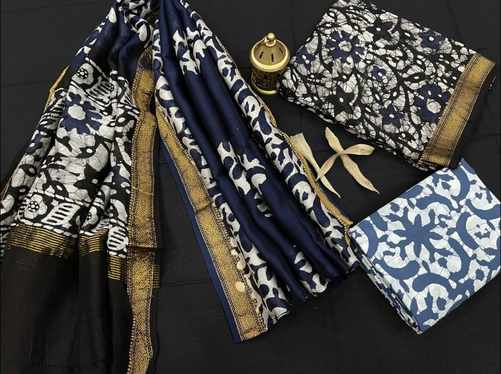 Navy blue maheshwari silk suit set with cotton pajama