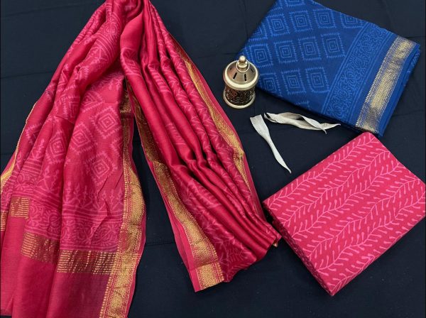 Rose and blue maheshwari silk suit set with dupatta