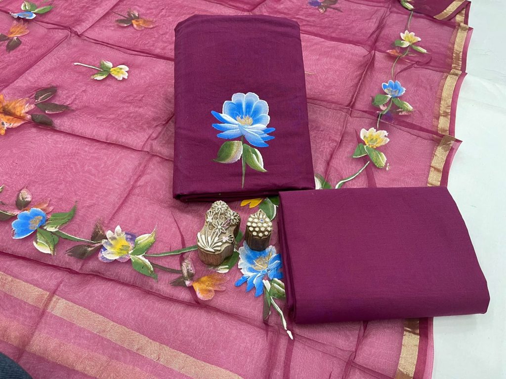 Medium Burgundy Hand painted floral print cotton salwar suit with kota silk dupatta