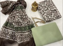 Dull green and taupe gray jaipuri cotton suits with chiffon dupatta