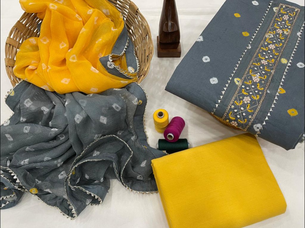 Slate gray and yellow embroidered suit with chiffon dupatta