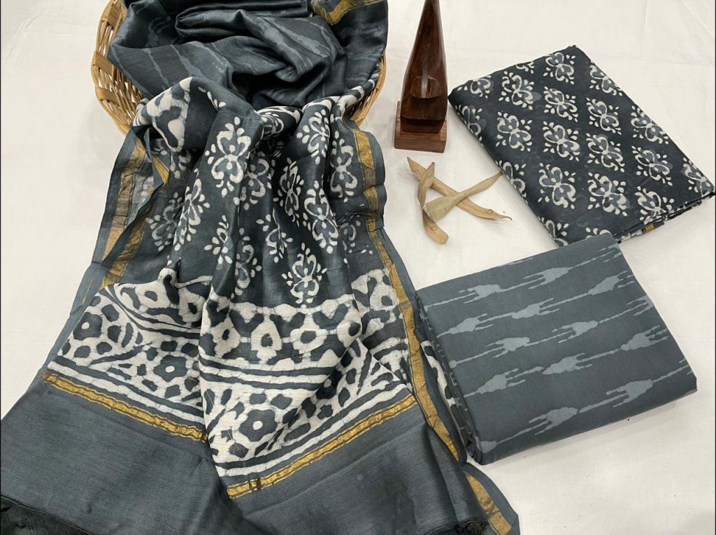 Slate gray chanderi suit with dupatta piece online