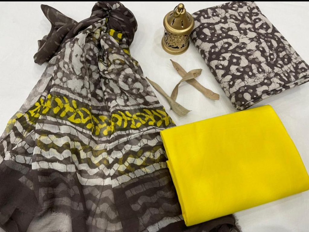 Taupe gray and yellow printed cotton suit with chiffon dupatta