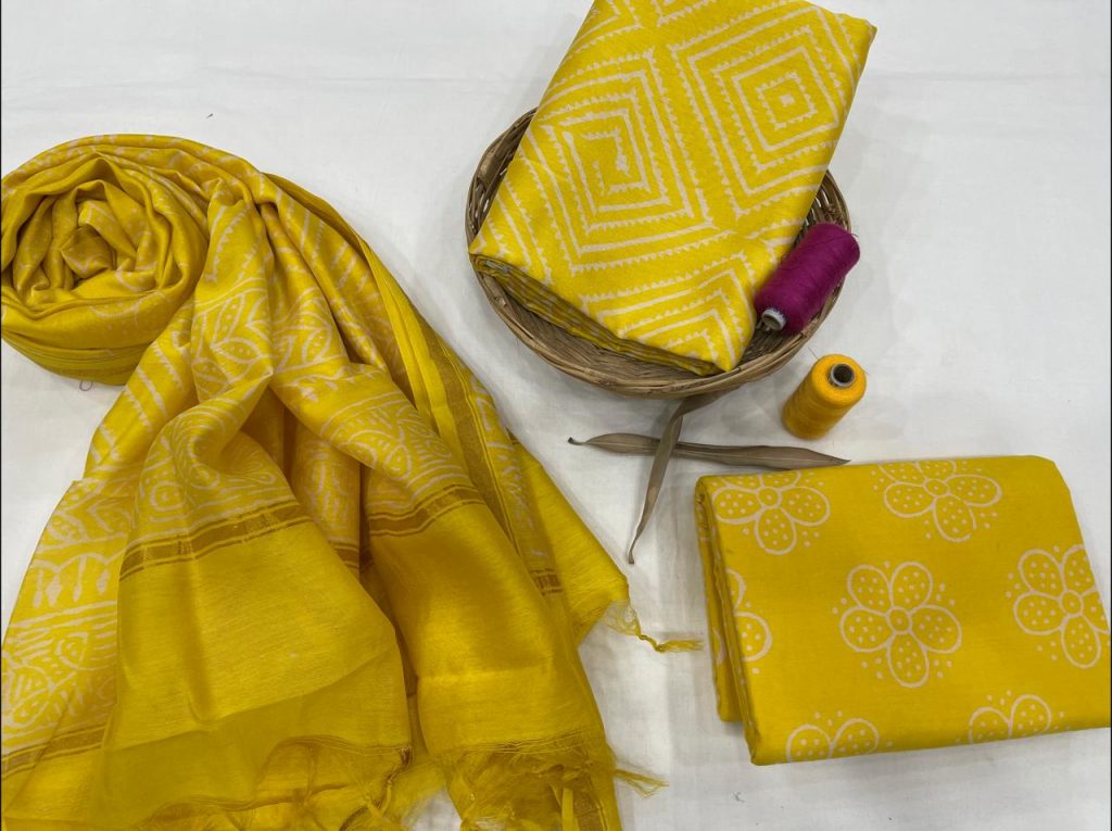Yellow chanderi salwar suit dress material with dupatta