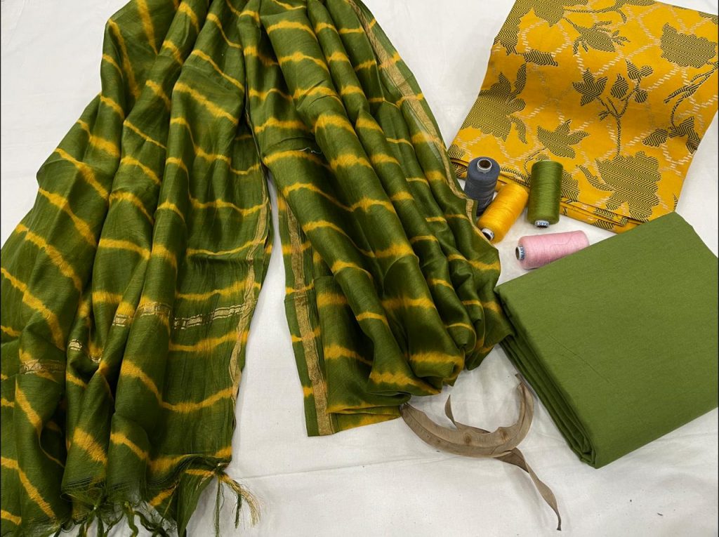 Green and yellow cotton salwar suit with dupatta set
