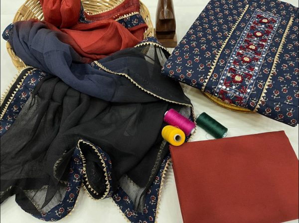 Blue and Crimson new embroidery designs salwar kameez with chiffon dupatta