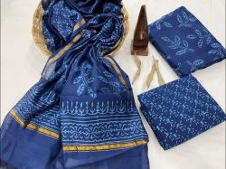 Blue Indigo printed chanderi suit With chanderi silk Dupatta