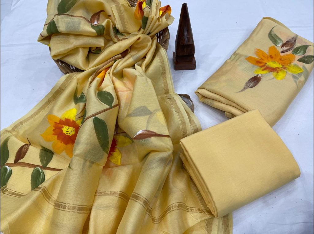 Pale Canary Yellow Hand painted salwar suit with chanderi dupatta