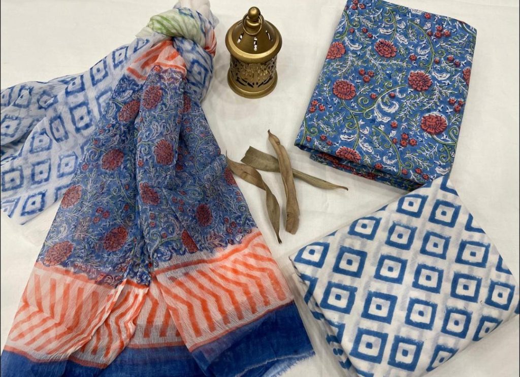 Baby blue and floral print cotton suits with chiffon dupatta online