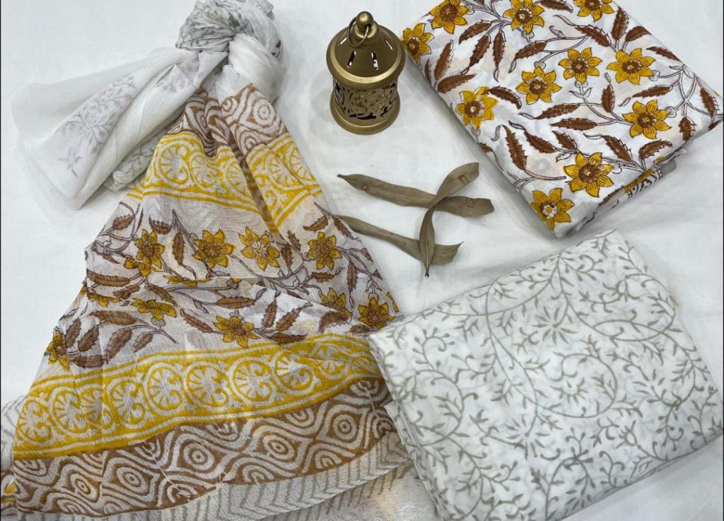 White floral print jaipuri cotton suits with chiffon dupatta