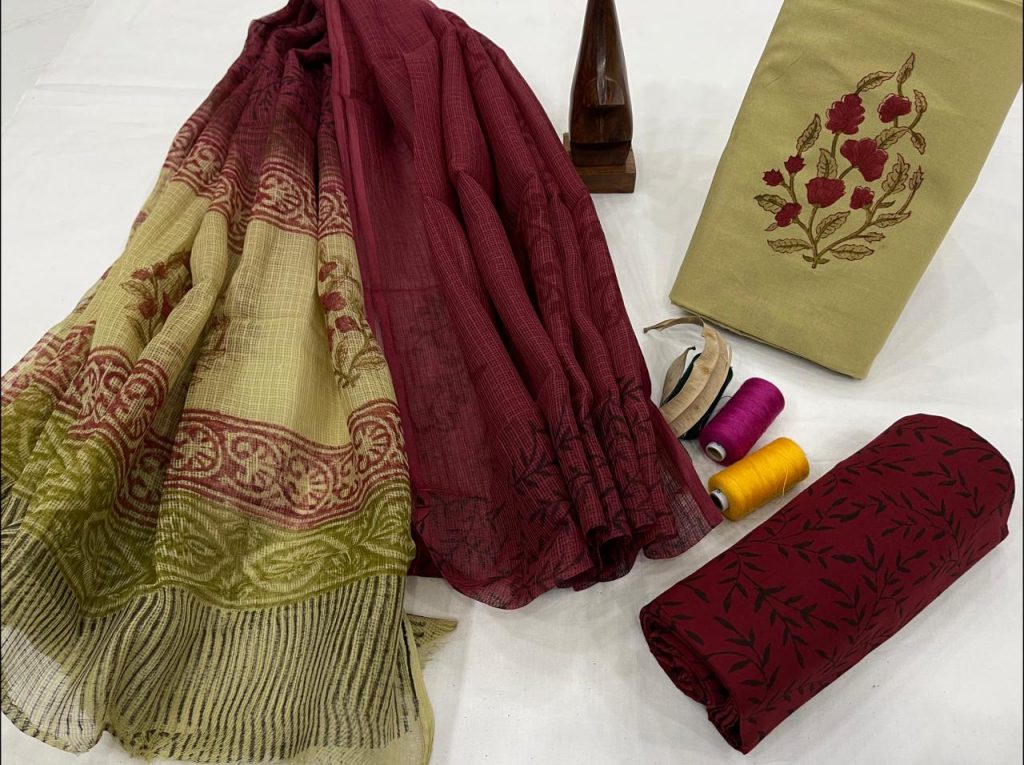 Maroon and dull green office wear salwar suits with kota dupatta