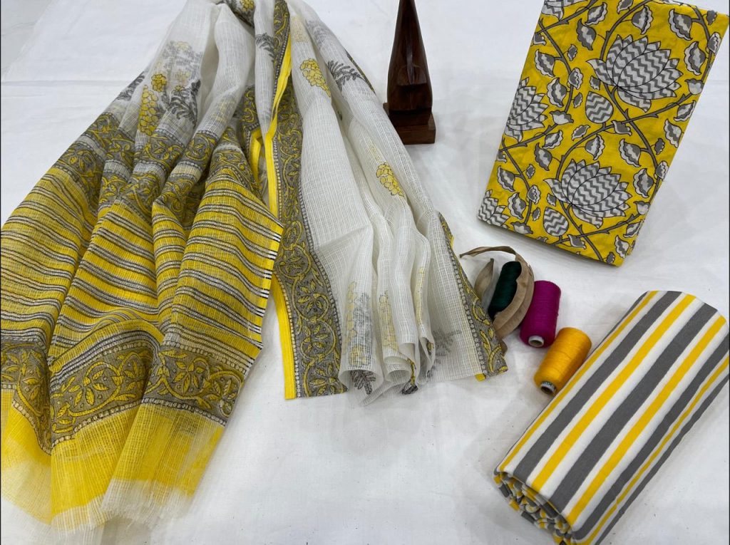 Yellow and white floral print office wear salwar suits with kota dupatta
