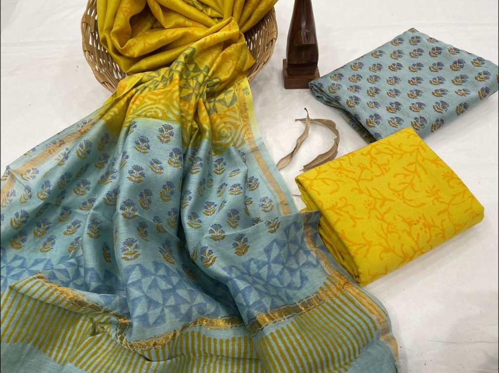 Cyan and yellow suit with chanderi dupatta
