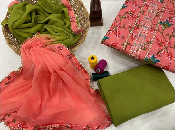Pink and green floral print gota work suits With chiffon dupatta online india