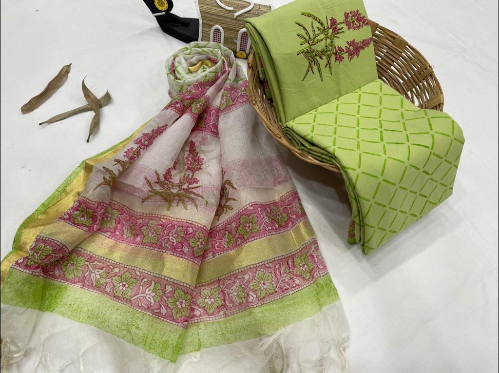 Dull green and white floral print cotton salwar suits with kota silk dupatta
