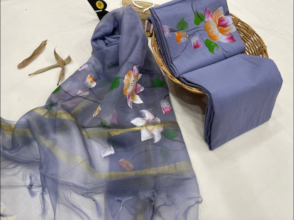 Blue violet Hand painted floral print cotton salwar suit with kota silk dupatta