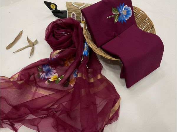 Medium Burgundy Hand painted floral print cotton salwar suit with kota silk dupatta