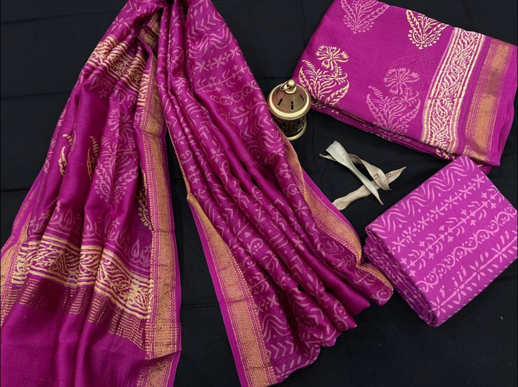 Rose maheshwari silk suit set with cotton pajama