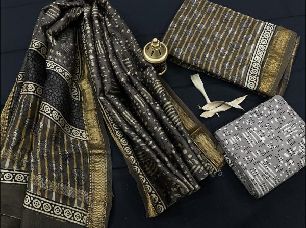 Dark gray and Copper Yellow maheshwari silk suit set