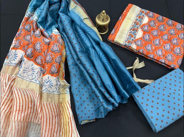 Coral and blue floral print maheshwari silk suit set with cotton pajama and pure maheshwari silk dupatta
