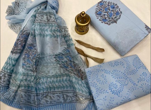Baby blue printed cotton suits with chiffon dupatta