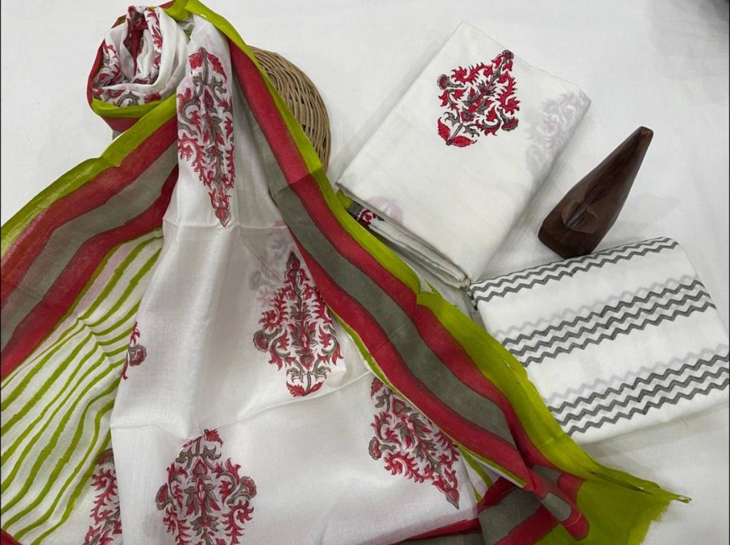 White and dull green cotton dupatta suits wholesale