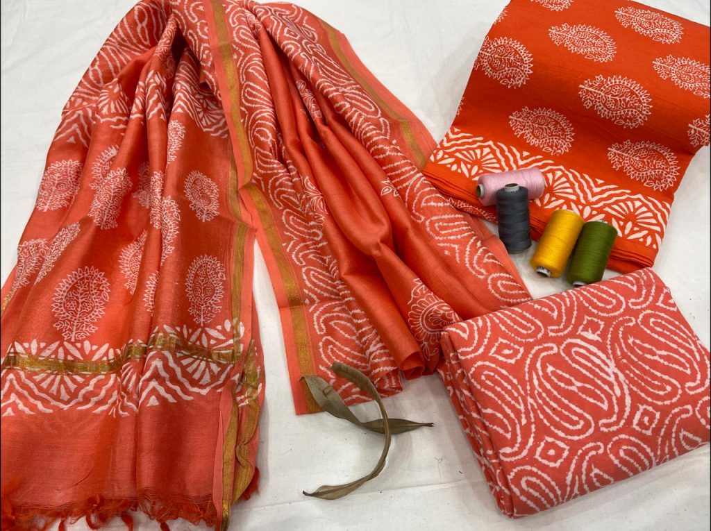 Orange Cotton salwar suit with chanderi dupatta