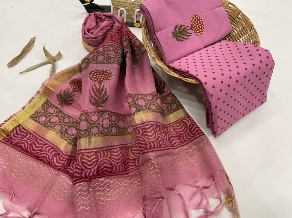 Pink cotton and silk salwar suits with kota silk dupatta