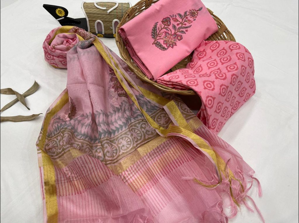 Pink Sherbet cotton jacquard suit with kota silk dupatta