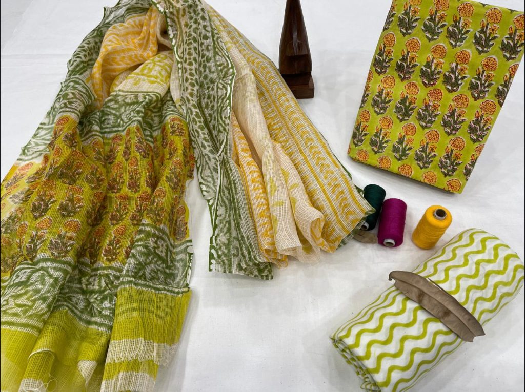 Lime floral print office wear simple salwar suit with kota doria dupatta design