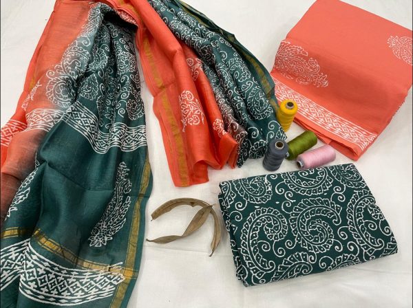 Japanese Blue-Green And coral cotton suit with chanderi dupatta